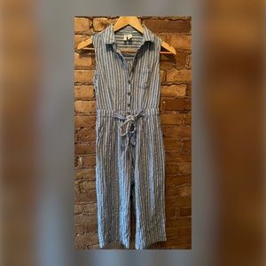 Anthropologie Japna Blue & White Stripe Button Wide Leg Tie Waist Jumpsuit